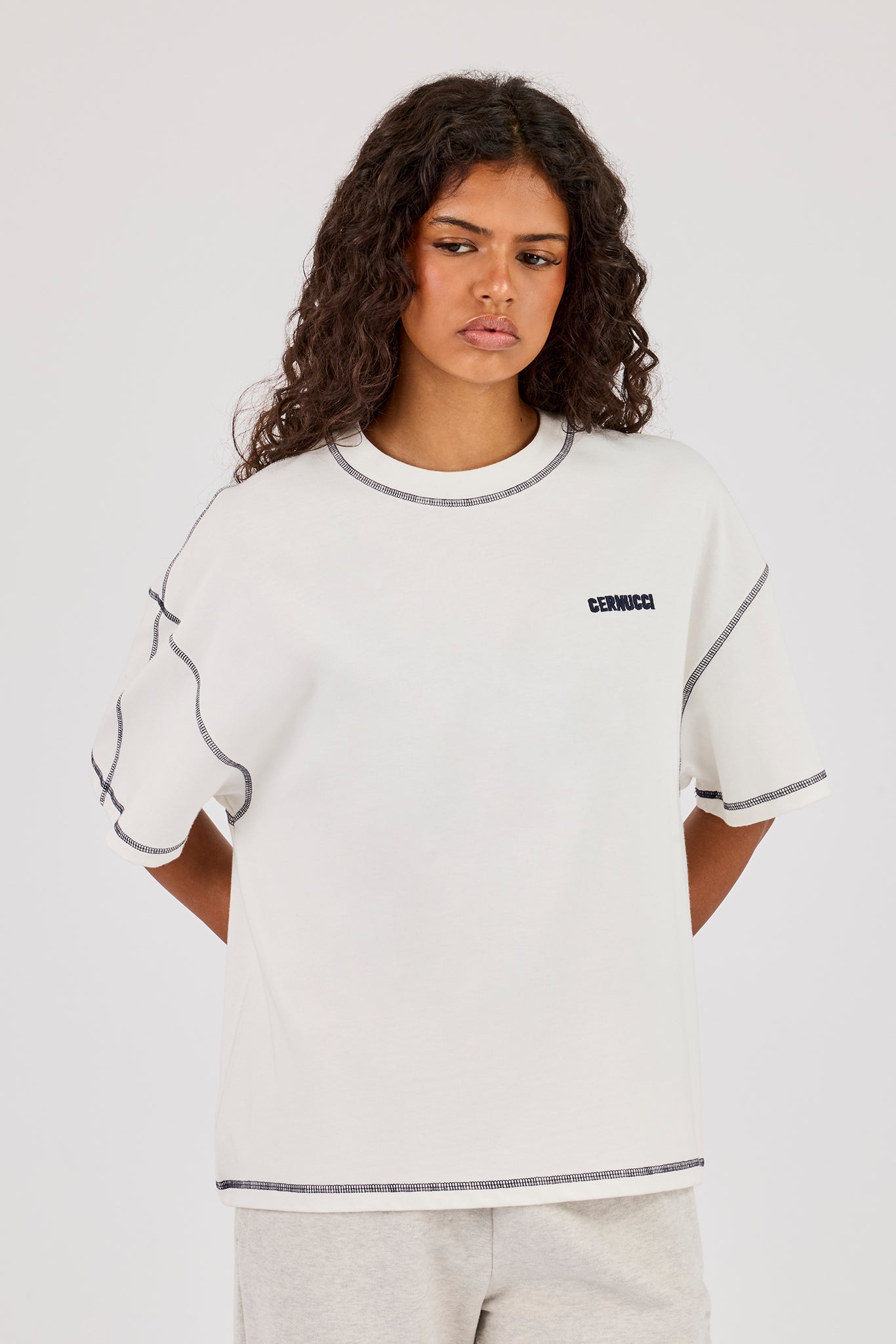 Oversized Contrast Stitch Diamond Diner T-Shirt - Off White